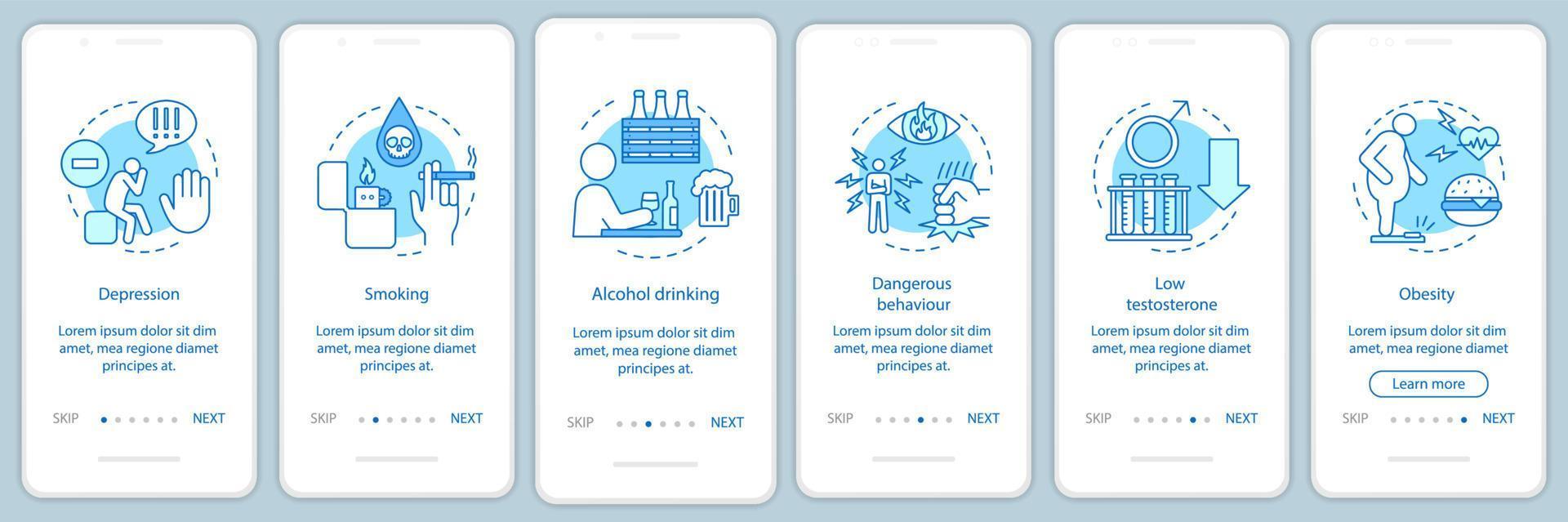 Men's health risks factors onboarding mobile app page screen vector template. Smoking, obesity, alcohol. Walkthrough website steps with linear illustrations. UX, UI, GUI smartphone interface concept