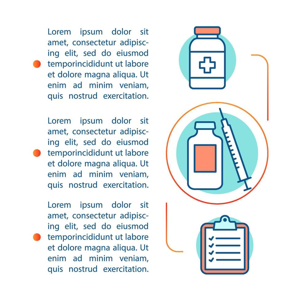 Medical treatment article page vector template. Doctor's advice. Brochure, magazine, booklet design element with linear icons and text boxes. Print design. Concept illustrations with text space