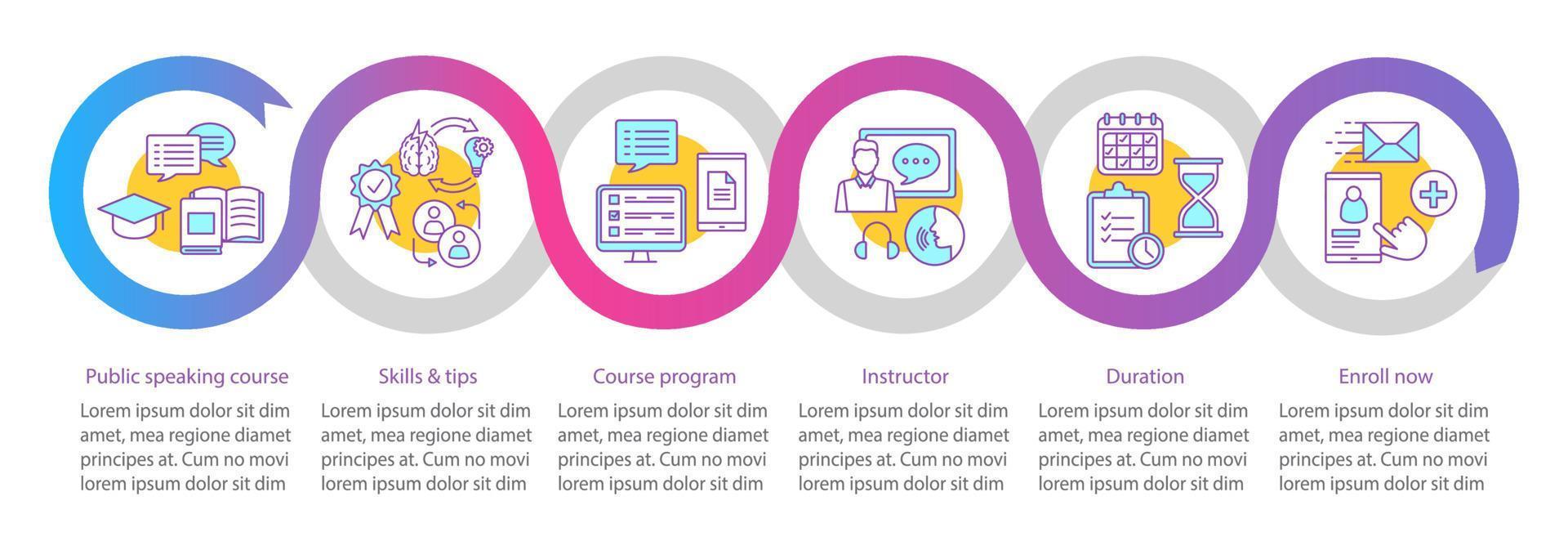 Public speaking course vector infographic template. Oratory training, skills, tips, program. Data visualization with six steps and option. Process timeline chart. Workflow layout with icons