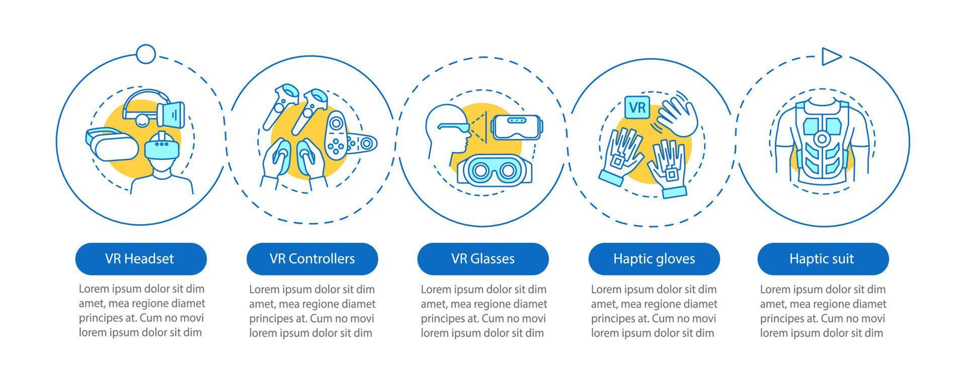 VR tools vector infographic template. Virtual reality equipment. Headset, controllers, glasses. Data visualization with five steps and option. Process timeline chart. Workflow layout with icons