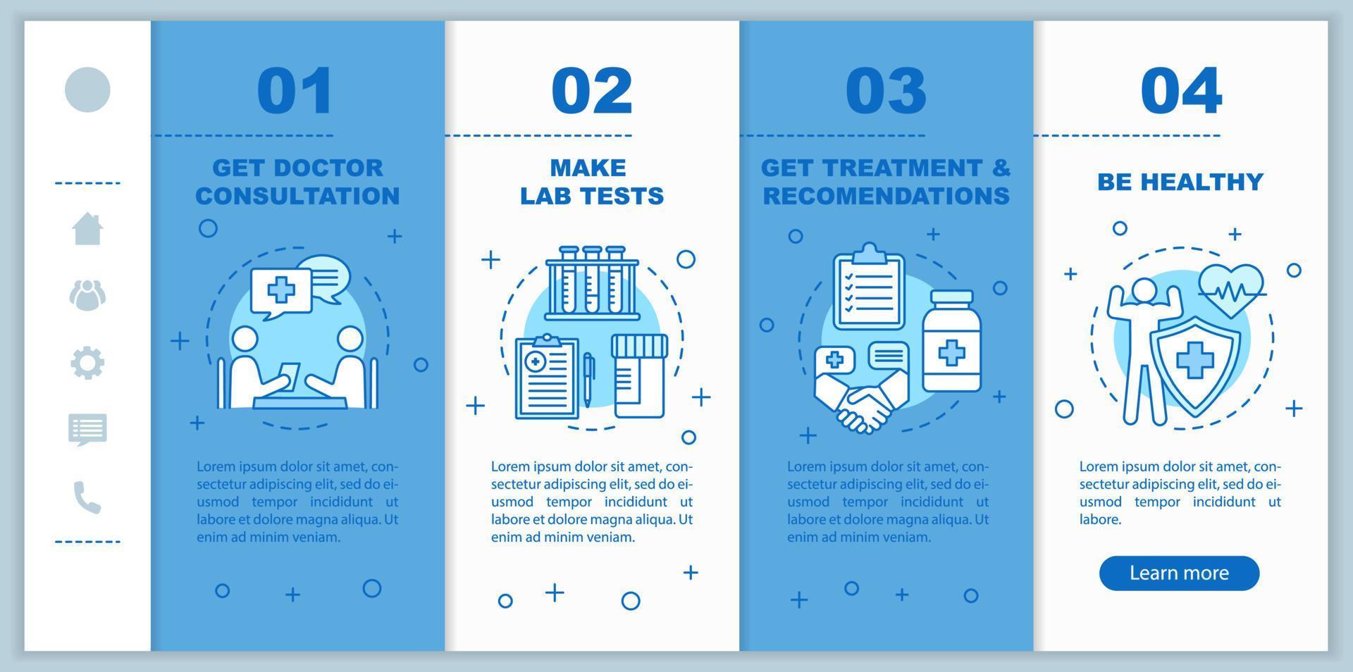 Plantilla de vector de páginas web móviles de incorporación de exámenes de salud. consulta médica, tratamiento. idea de interfaz de sitio web de teléfono inteligente sensible. pantallas de pasos del tutorial de la página web. concepto de color