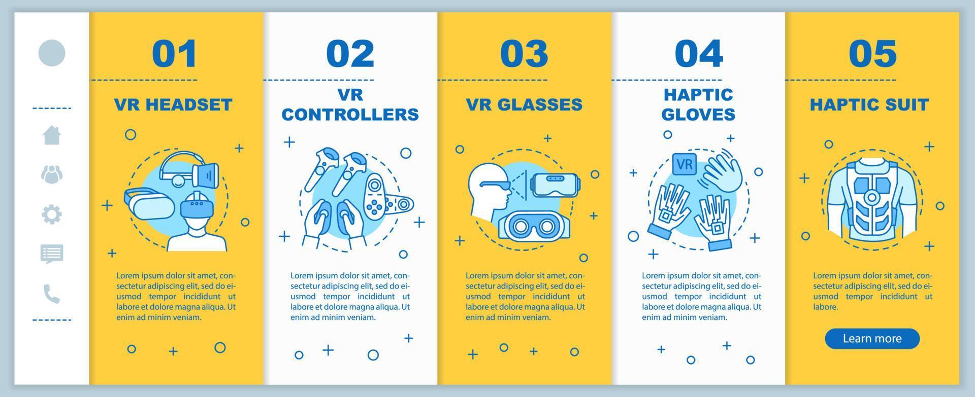 VR tools onboarding mobile web pages vector template. Virtual reality equipment. Responsive smartphone website interface idea with linear illustrations. Webpage walkthrough step screens. Color concept