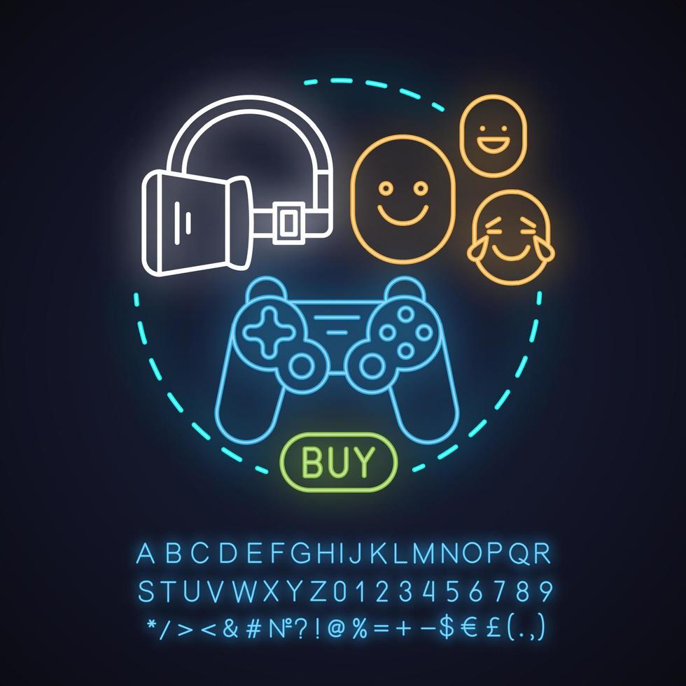 Buy to play neon light concept icon. Play virtual reality games. VR headset, joystick. Digital entertainment idea. Glowing sign with alphabet, numbers and symbols. Vector isolated illustration