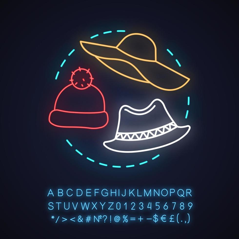 Headwear neon light concept icon. Caps and hats. Accessories store idea. Glowing sign with alphabet, numbers and symbols. Vector isolated illustration