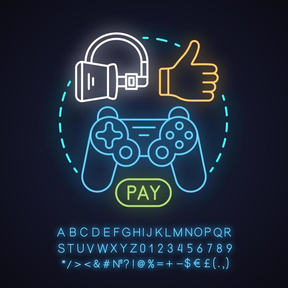 Pay to play neon light concept icon. Digital entertainment idea. Play games. VR. Glowing sign with alphabet, numbers and symbols. Vector isolated illustration
