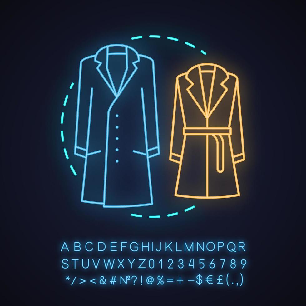 abrigos icono de concepto de luz de neón. traje de otoño. ropa de otoño. idea de tienda de ropa. signo brillante con alfabeto, números y símbolos. vector ilustración aislada