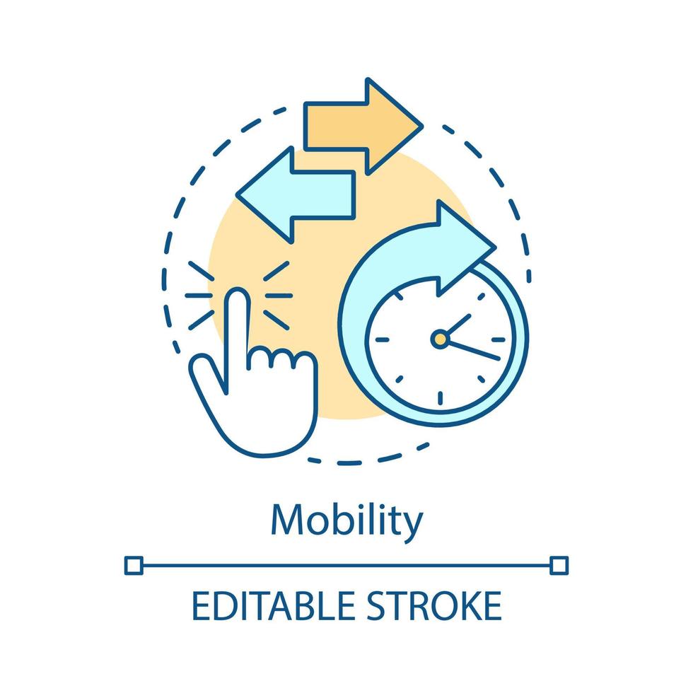 Mobility advantage concept icon. Finger tap, clock face, directional arrows. Fast service. Quick start. Online business idea thin line illustration. Vector isolated outline drawing. Editable stroke