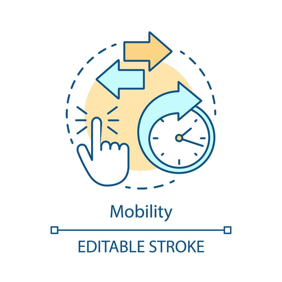 icono del concepto de ventaja de movilidad. toque con el dedo, esfera del reloj, flechas direccionales. servicio rápido. Inicio rápido. Ilustración de línea fina de idea de negocio en línea. dibujo de contorno aislado vectorial. trazo editable vector