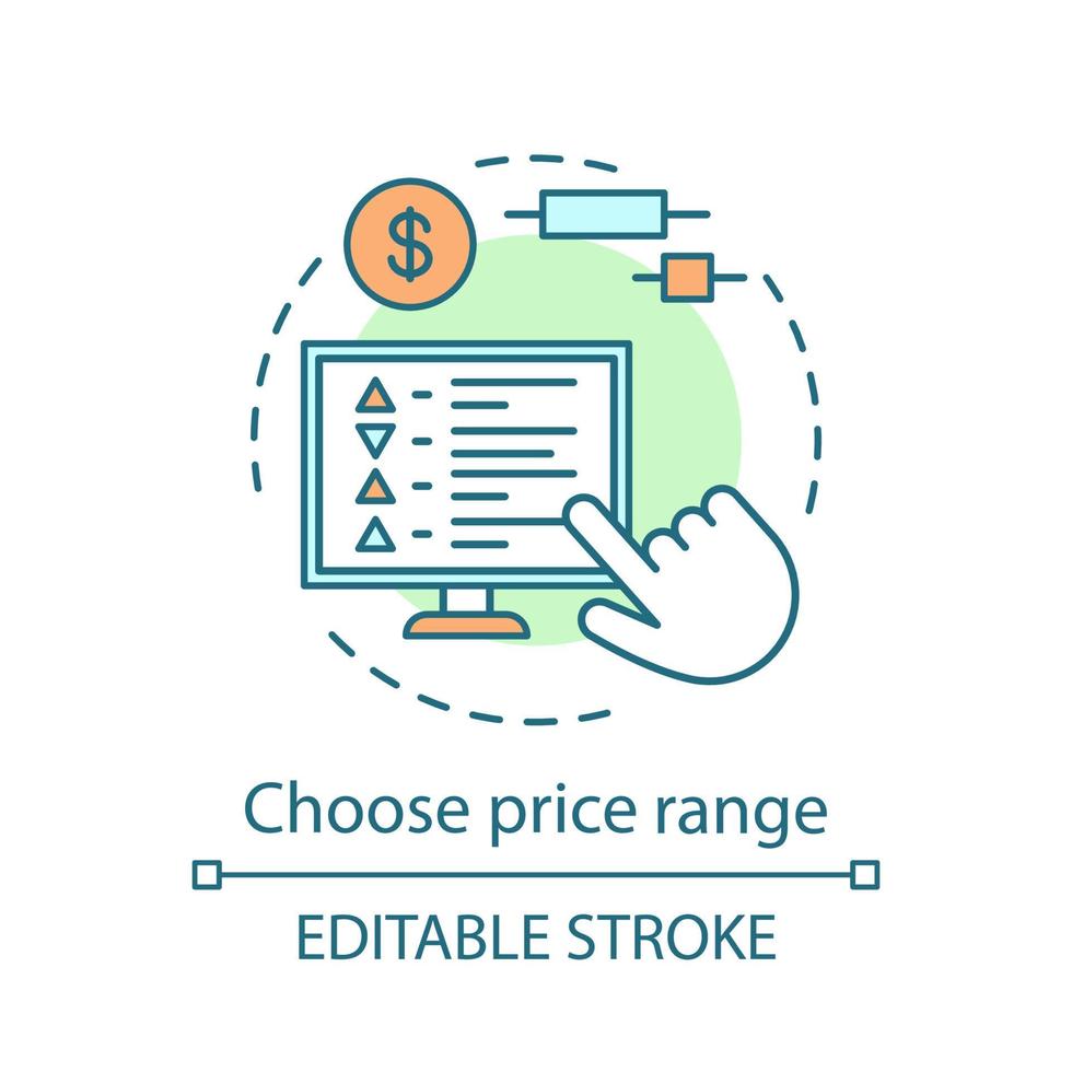 Choose price range concept icon. Online trading. Advanced search options. Travel budget planning. Hotel reservation idea thin line illustration. Vector isolated outline drawing. Editable stroke
