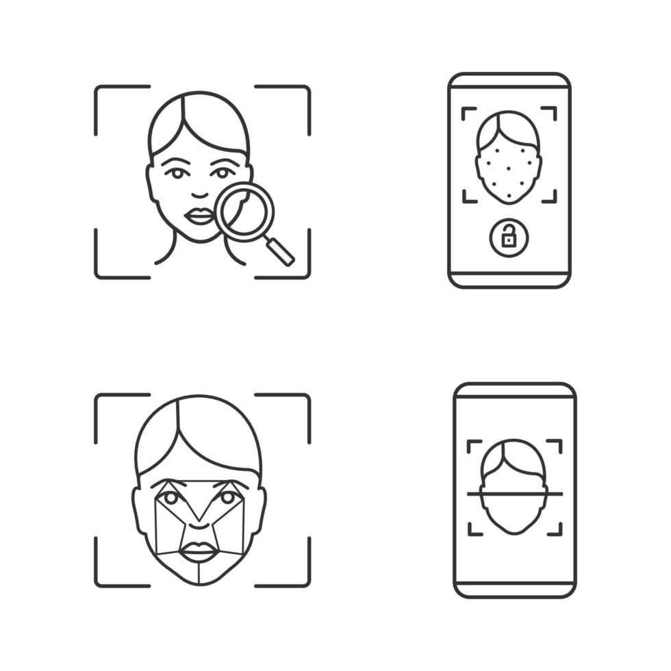 Conjunto de iconos lineales de reconocimiento facial. símbolos de contorno de línea fina. identificación biométrica. Análisis de huella facial, escaneo, aplicaciones de teléfonos inteligentes con bloqueo facial. Ilustración de contorno de vector aislado. trazo editable