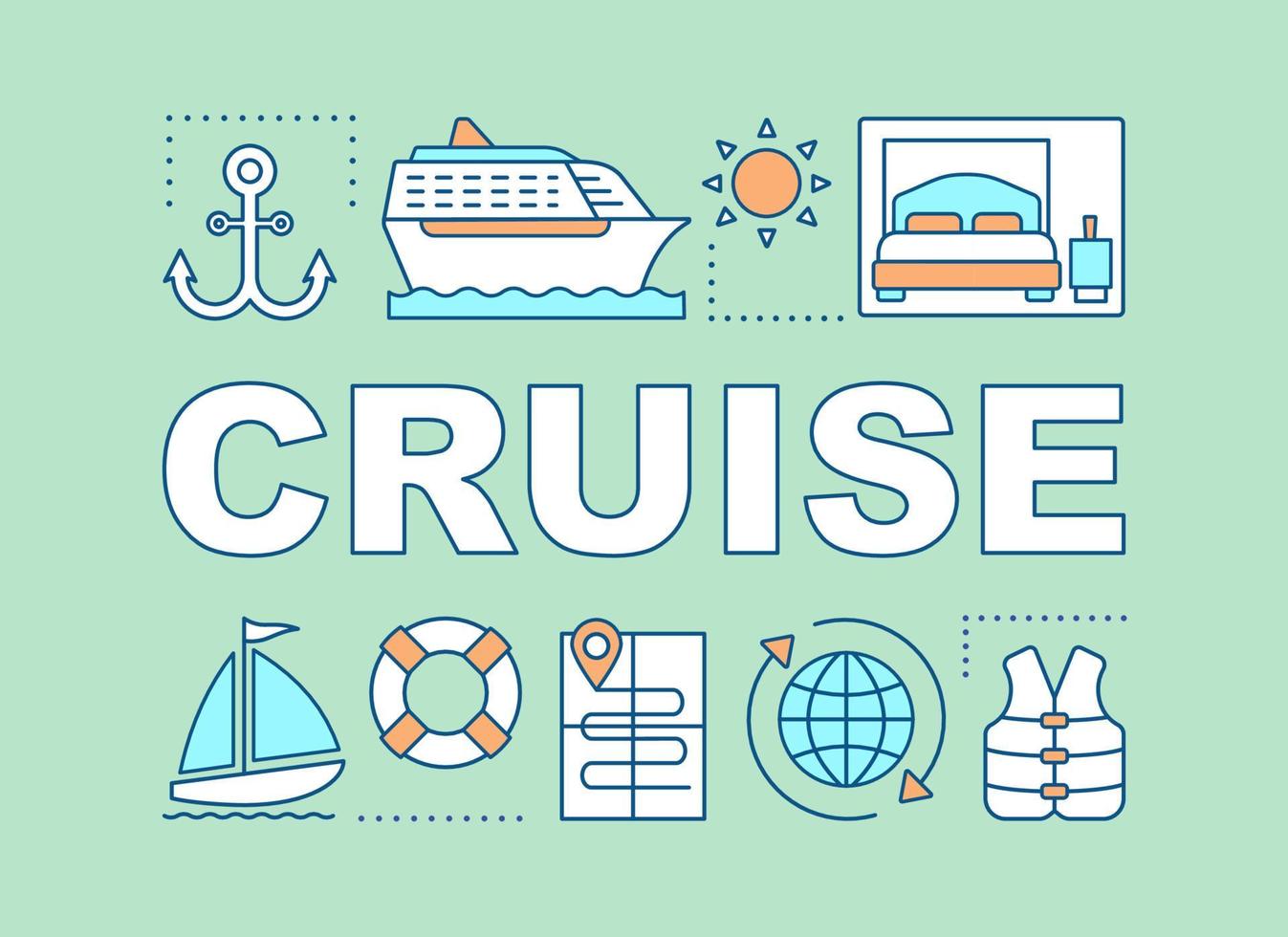 Cruise word concepts banner. Travel agency offer. Voyage, marine trip, tour. Cruiseship. Presentation, website. Isolated lettering typography idea with linear icons. Vector outline illustration