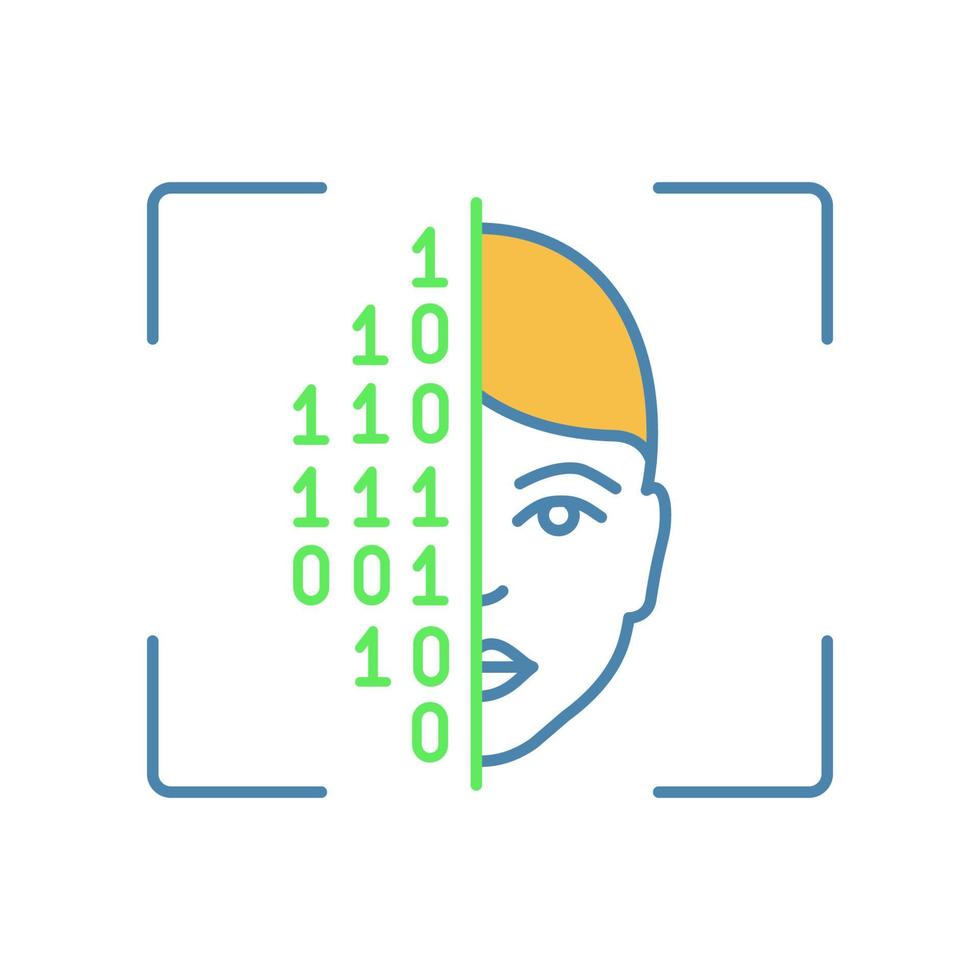 Face scanning procedure color icon. Facial recognition. Identity authentication. Binary code. Face ID scan software. Isolated vector illustration