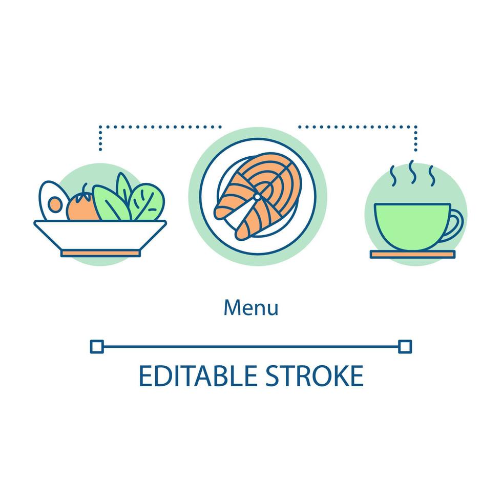 icono de concepto de menú. cena, almuerzo en la cafetería, ilustración de línea fina de idea de restaurante. cocina, culinaria. ensalada, pescado salmón, bebida caliente. nutrición saludable. dibujo de contorno aislado vectorial. trazo editable vector