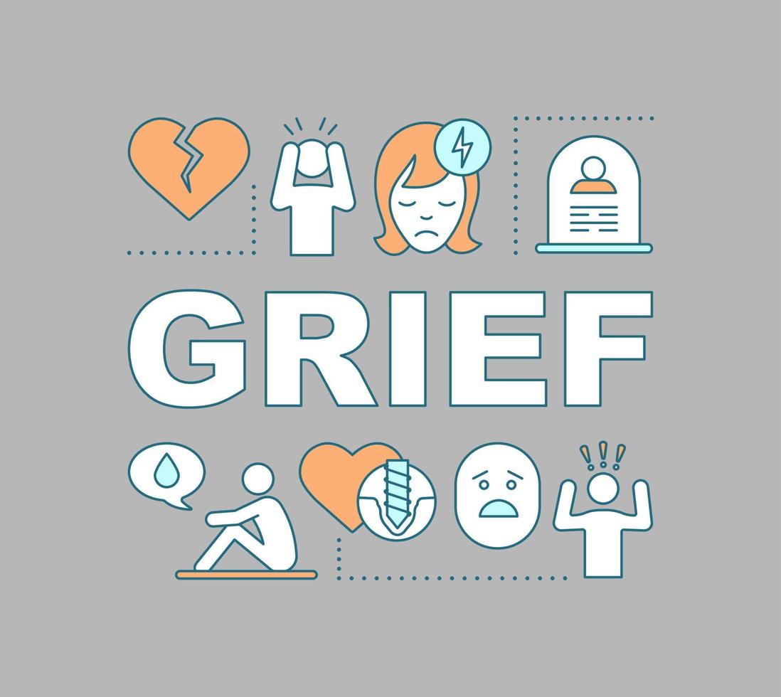 Grief word concepts banner. Depression feeling. Sadness, calmness emotion. Heartbroken human. Presentation, website. Isolated lettering typography idea with linear icons. Vector outline illustration