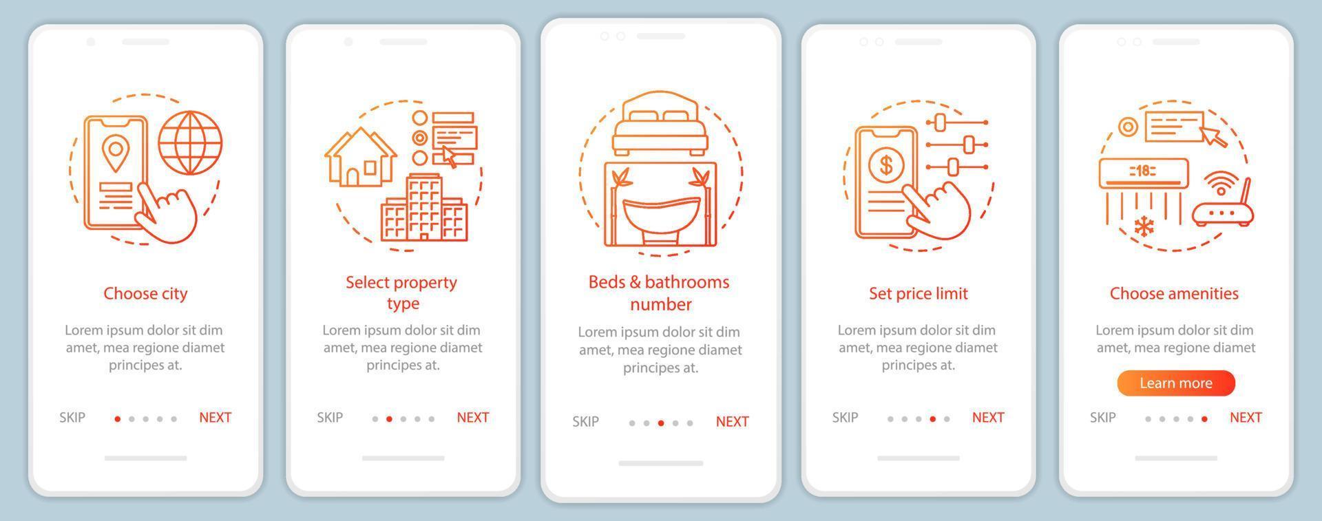 Property rental onboarding mobile app page screen with linear concepts. Real estate agency. Hotel booking walkthrough steps graphic instructions. UX, UI, GUI vector template with illustrations