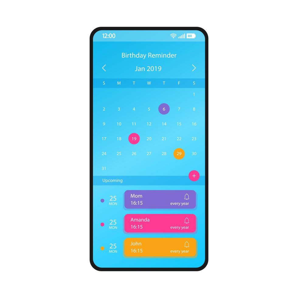 Birthday reminder smartphone interface vector template. Mobile app page blue design layout. Birthday calendar, organizer screen. Flat UI for application. Holiday alarm, notification. Phone display