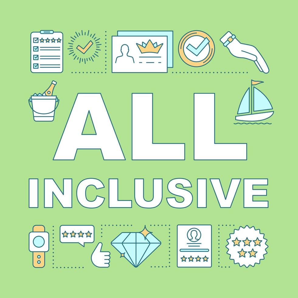 All inclusive word concepts banner. Travel agency premium offer. Five-star hotel apartment booking. Presentation, website. Isolated lettering typography idea, linear icons. Vector outline illustration