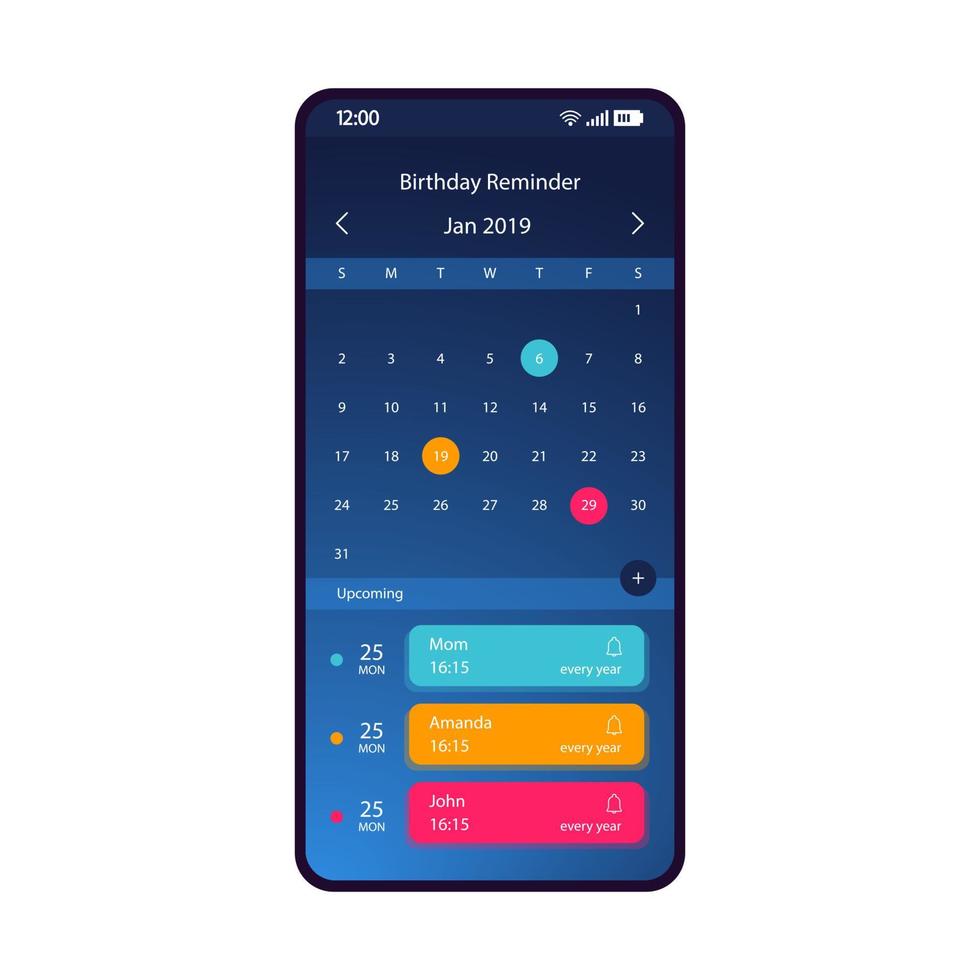 Birthday reminder smartphone interface vector template. Mobile app page blue gradient design layout. Birthday calendar, organizer screen. Flat UI for application. Holiday notifier. Phone display