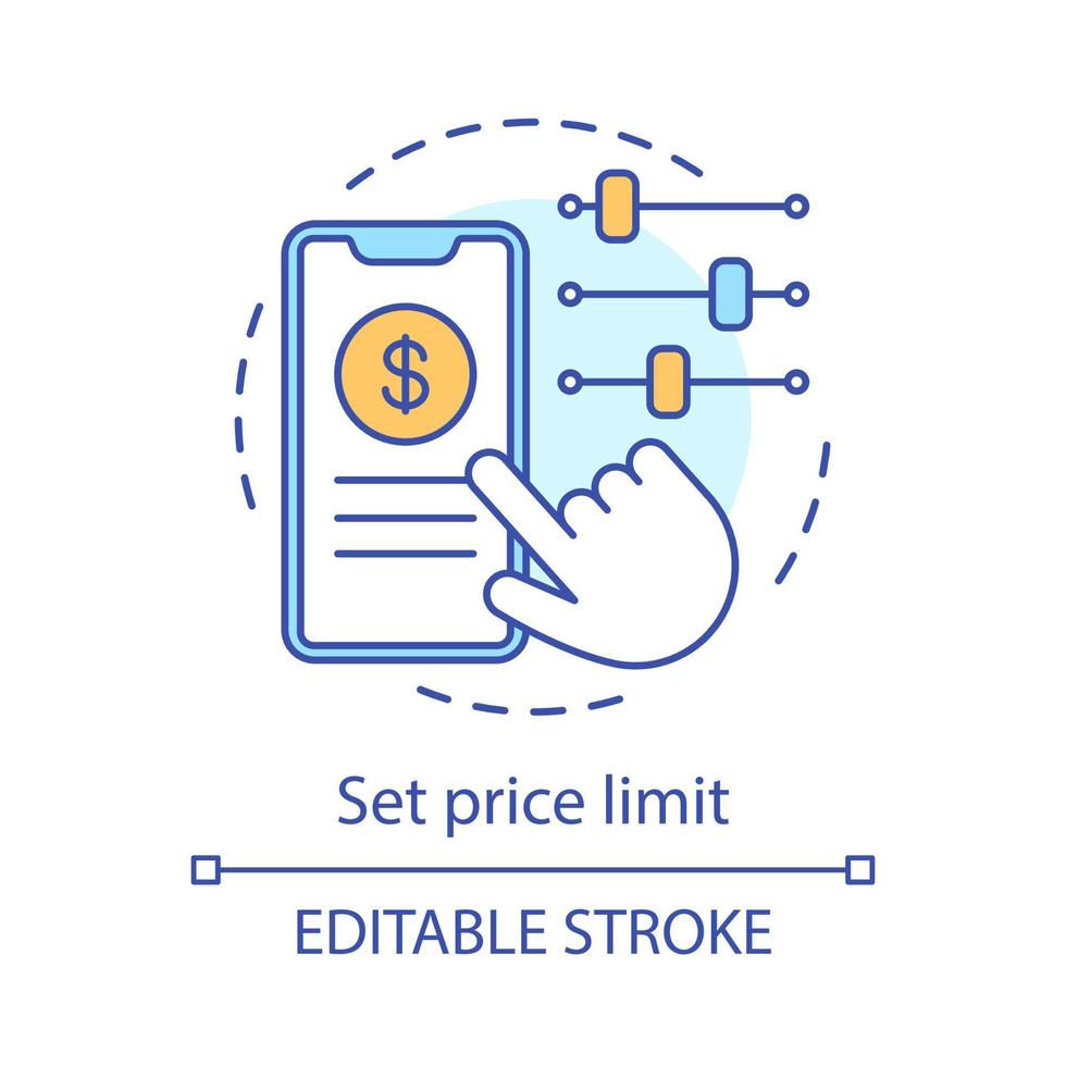 Set price limit concept icon. Advanced search options. Smartphone, hand, setting with slider buttons. Price preferences idea thin line illustration. Vector isolated outline drawing. Editable stroke