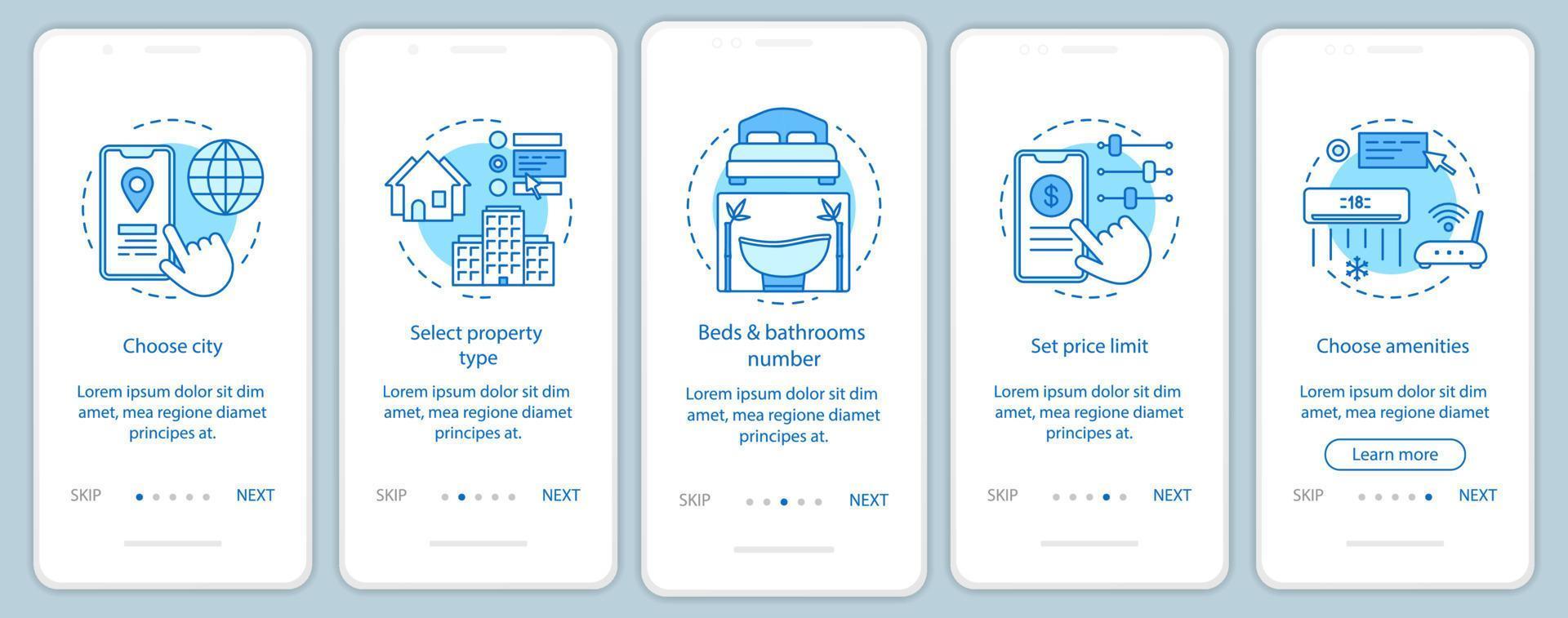 Property rental onboarding mobile app page screen with linear concepts. Real estate agency. Hotel booking walkthrough steps graphic instructions. UX, UI, GUI vector template with illustrations