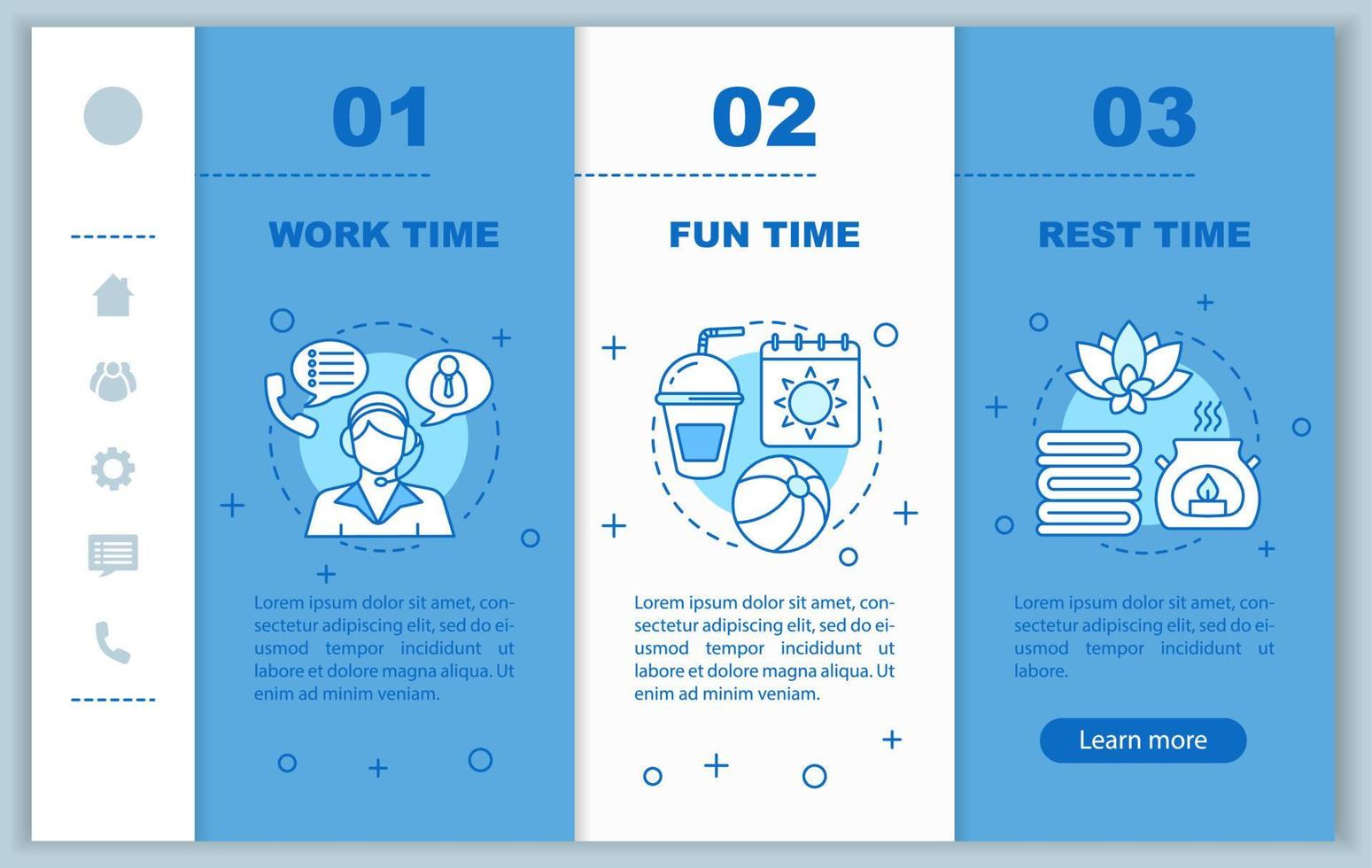 Time management onboarding mobile web pages vector template. Responsive smartphone website interface idea with linear illustrations. Work time webpage walkthrough step screens. Color concept