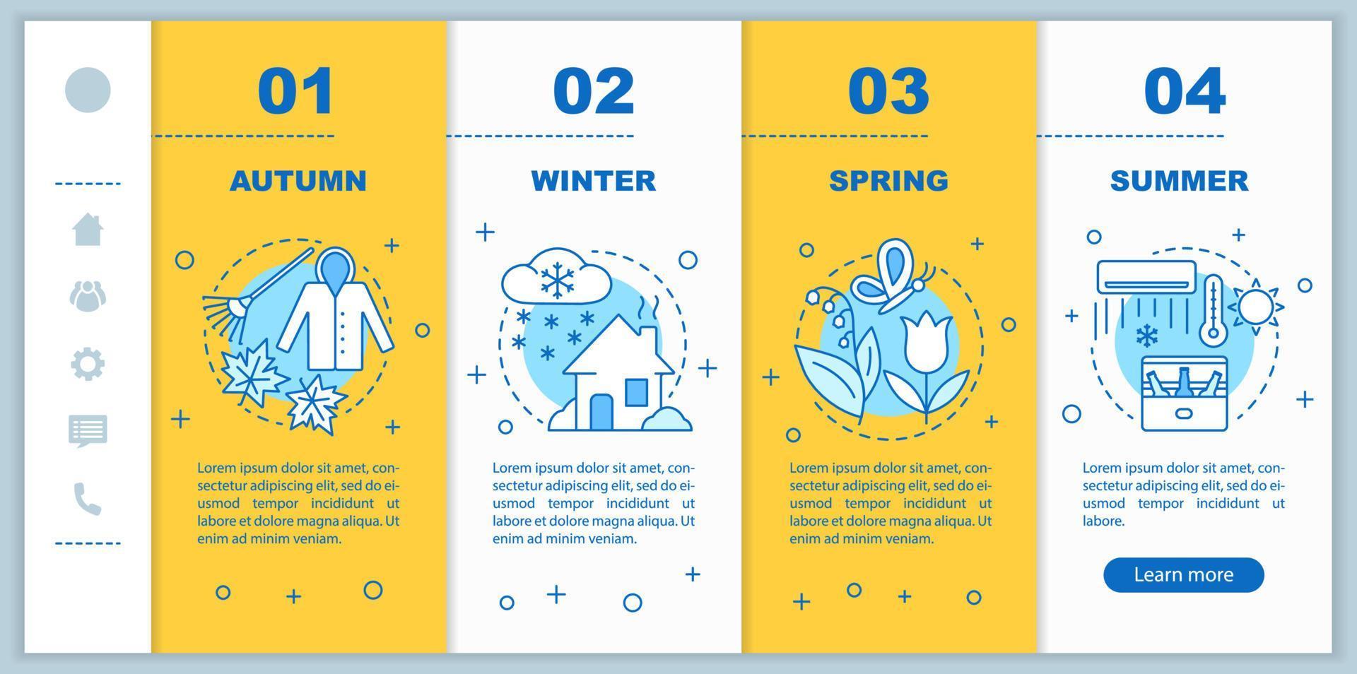 Four seasons onboarding mobile web pages vector template. Responsive smartphone website interface idea with linear illustrations. Summer, autumn webpage walkthrough step screens. Color concept