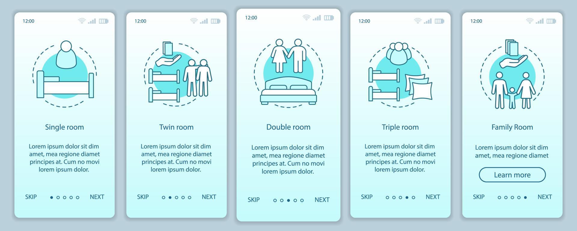 Hotel room types onboarding mobile app screen vector template. Choosing accommodation, apartment. Single, twin, double rooms walkthrough website steps. Hostel, motel. UX, UI, GUI smartphone interface