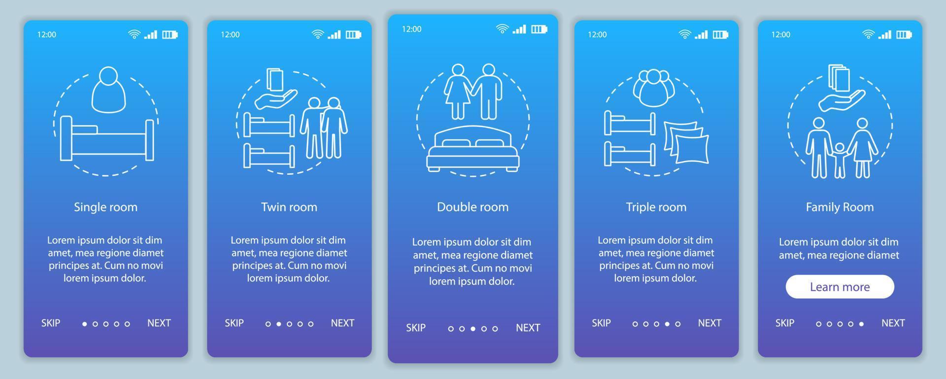 Hotel booking onboarding mobile app page screen vector template. Choosing accommodation. Single, twin, double room types walkthrough website steps. Hostel, motel. UX, UI, GUI smartphone interface