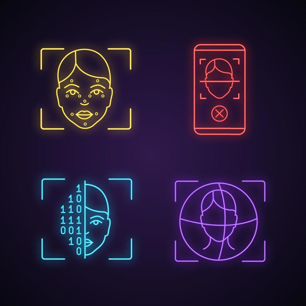 Facial recognition neon light icons set. Biometric identification. Faceprint analysis, face scan smartphone app rejection, binary code, 3d ID scnner. Glowing signs. Vector isolated illustrations