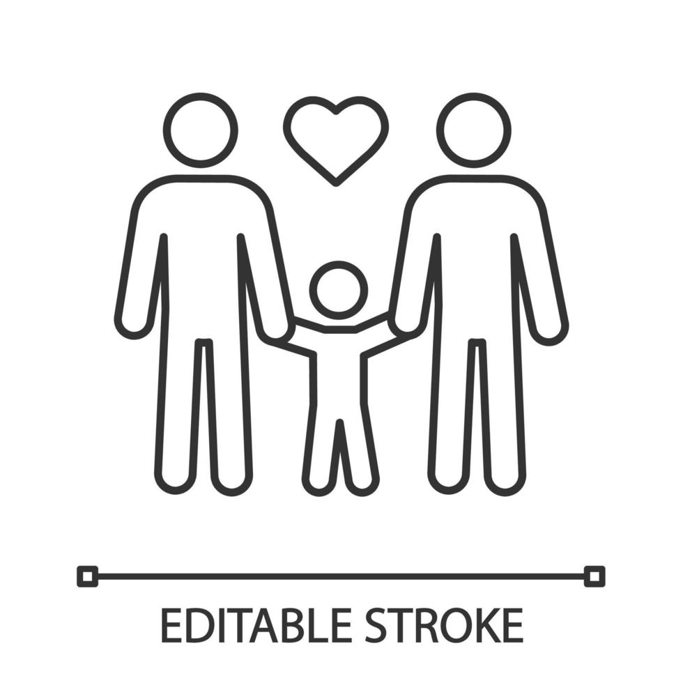 Gay family linear icon. Thin line illustration. Two dads with child. Same sex parenting. LGBT parents. Two men with kid. Gay adoption. Contour symbol. Vector isolated outline drawing. Editable stroke