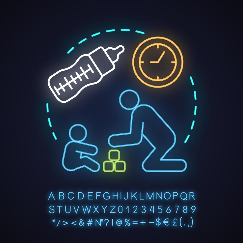 Babysitting neon light concept icon. Child care, babysitter, nursery, parenting idea. Father playing with child. Glowing sign with alphabet, numbers and symbols. Vector isolated illustration