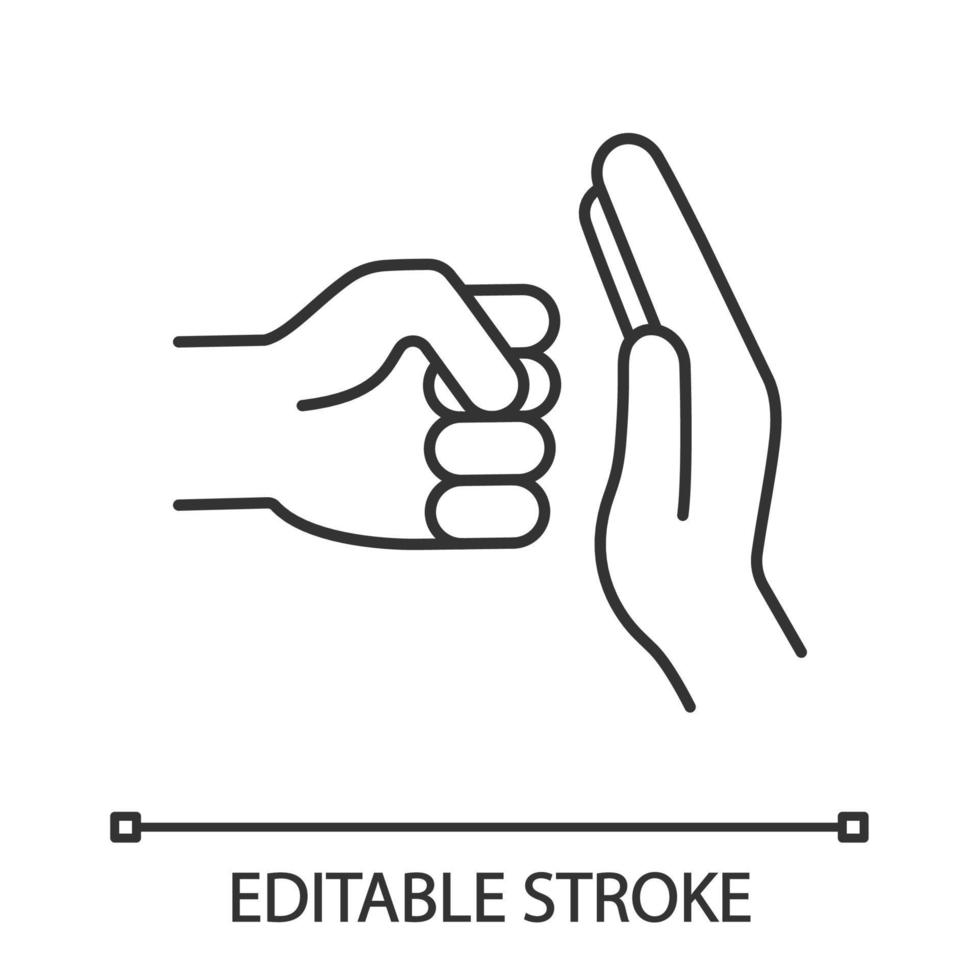 Domestic violence linear icon. Thin line illustration. Domestic abuse. Family violence. Man fist and stop hand gesture. Contour symbol. Vector isolated outline drawing. Editable stroke