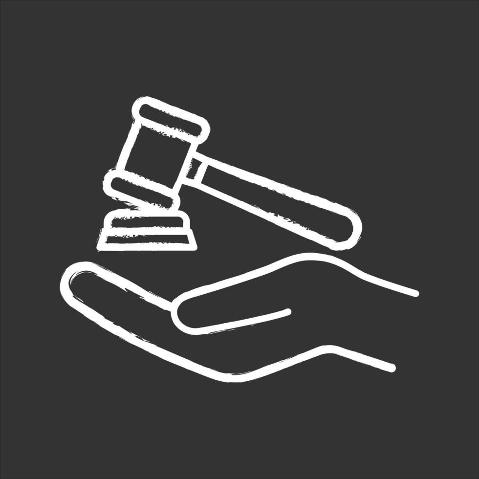 Family law chalk icon. Gavel, court hammer in hand. Justice, jurisdiction. Auction bid. Divorce mediation, legal separation. Isolated vector chalkboard illustration