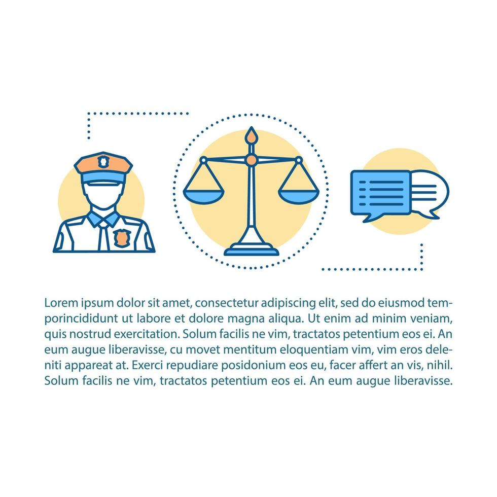 Law enforcement concept linear illustration. Article, brochure, magazine page. Policeman, scales of justice. Thin line icons with text. Print design. Vector isolated outline drawing