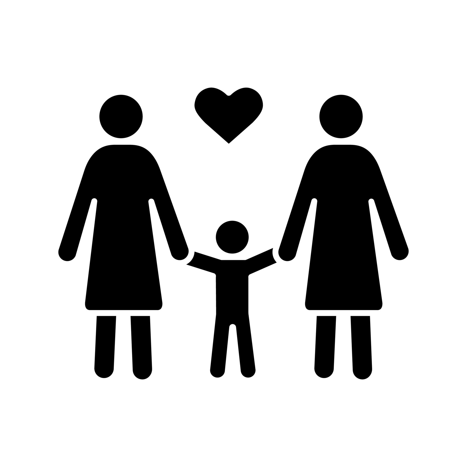 Lesbian family glyph icon. Silhouette symbol. Same sex parenting. Two moms with child. Lesbian adoption. LGBT parents. Two women with pic