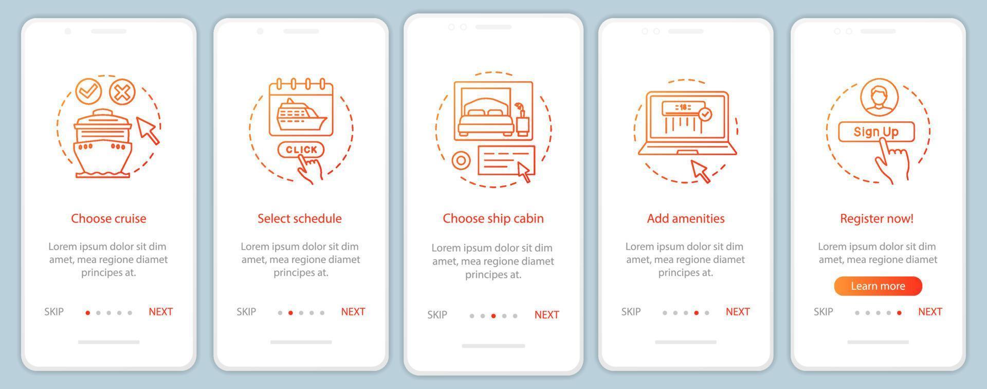 Online cruise booking onboarding mobile app page screen with linear concepts. Choose schedule, add amenities walkthrough steps graphic instructions. UX, UI, GUI vector template with illustrations