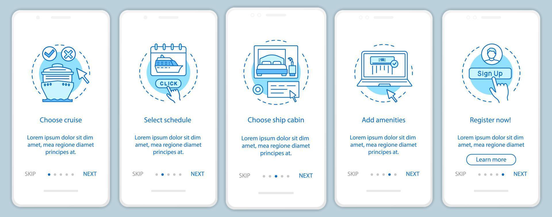 Online cruise booking onboarding mobile app page screen vector template. Choose schedule, add amenities. Walkthrough website steps with linear illustrations. UX, UI, GUI smartphone interface concept