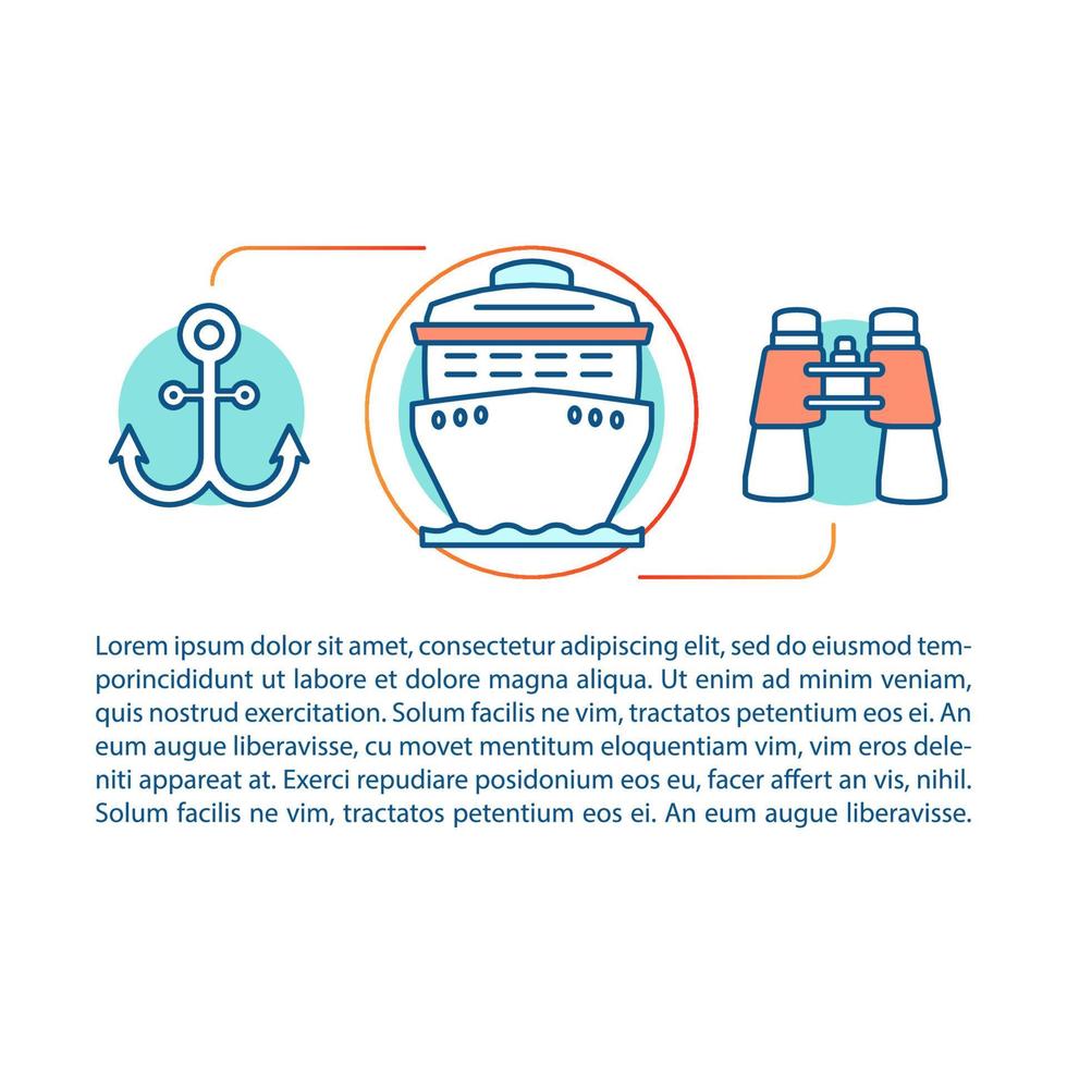Cruise ship concept linear illustration. Cargo shipping. Ocean liner, anker, binoculars. Article, brochure, magazine page. Thin line icons with text. Print design. Vector isolated outline drawing