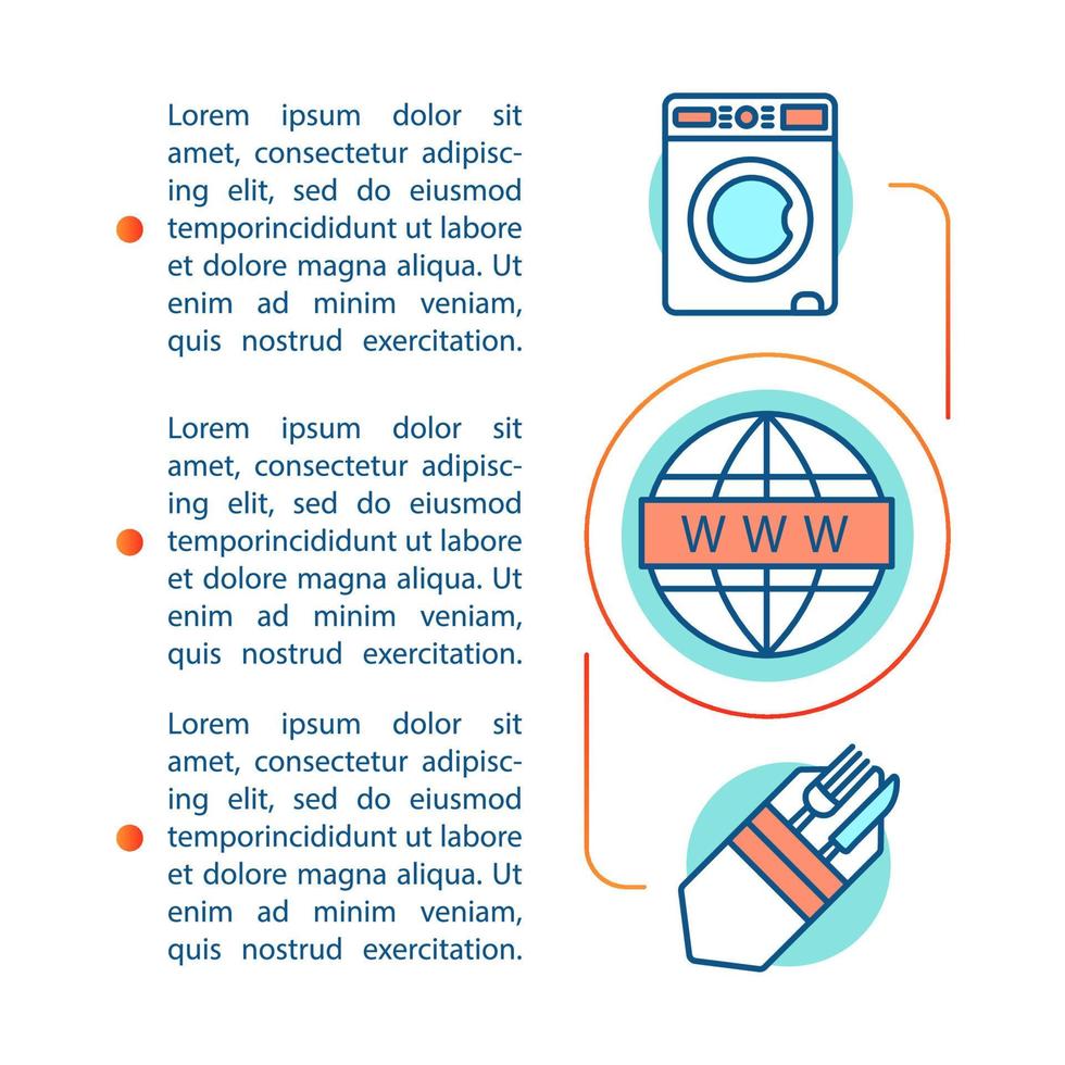 Cruise facilities article page vector template. Laundry, internet, meals. Brochure, magazine, booklet design element with linear icons, text boxes. Print design. Concept illustrations with text space