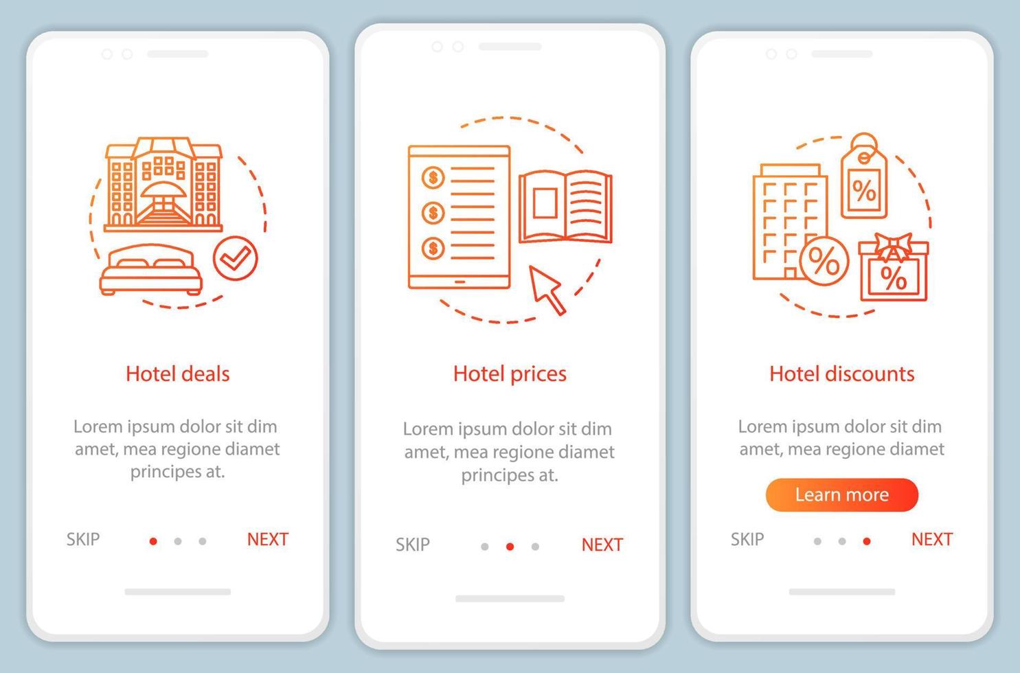 Hotel online booking onboarding mobile app page screen with linear concepts. Hotel deals, prices, discounts walkthrough steps graphic instructions. UX, UI, GUI vector template with illustrations