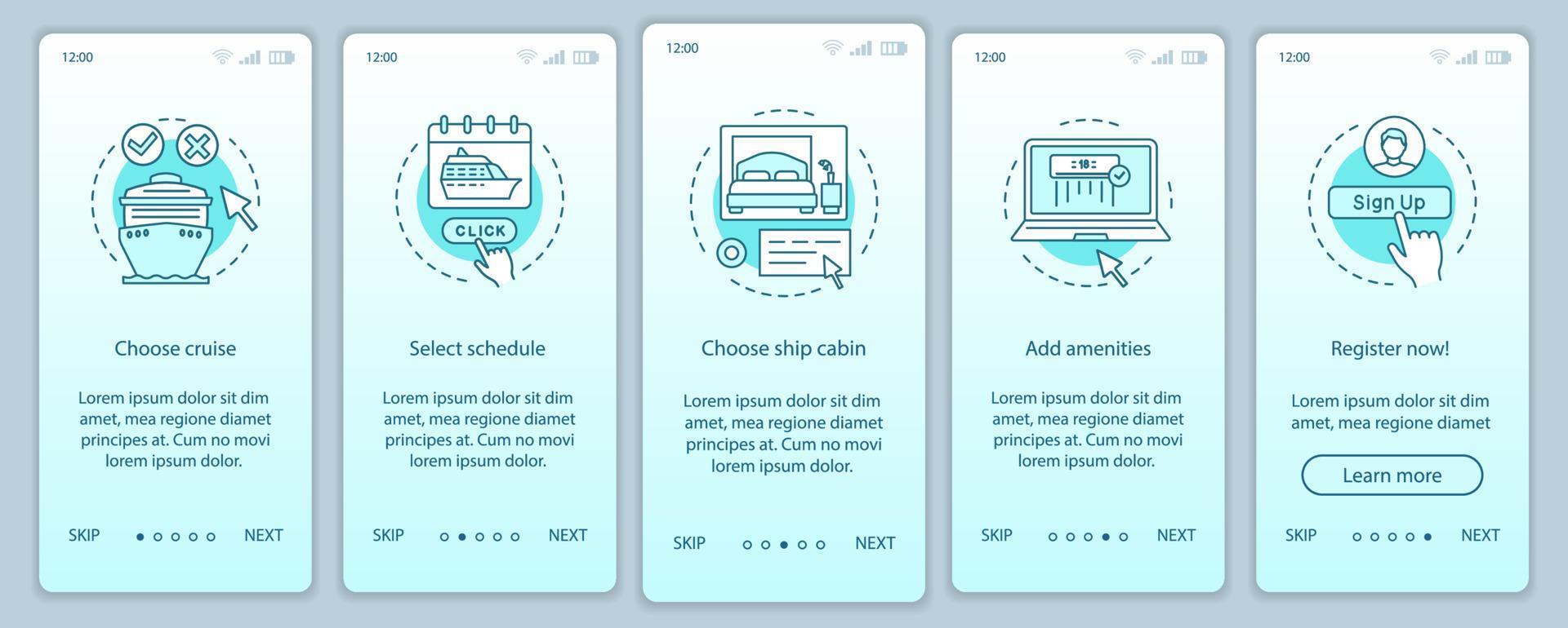 Online cruise booking onboarding mobile app page screen vector template. Choose schedule, add amenities. Walkthrough website steps with linear illustrations. UX, UI, GUI smartphone interface concept