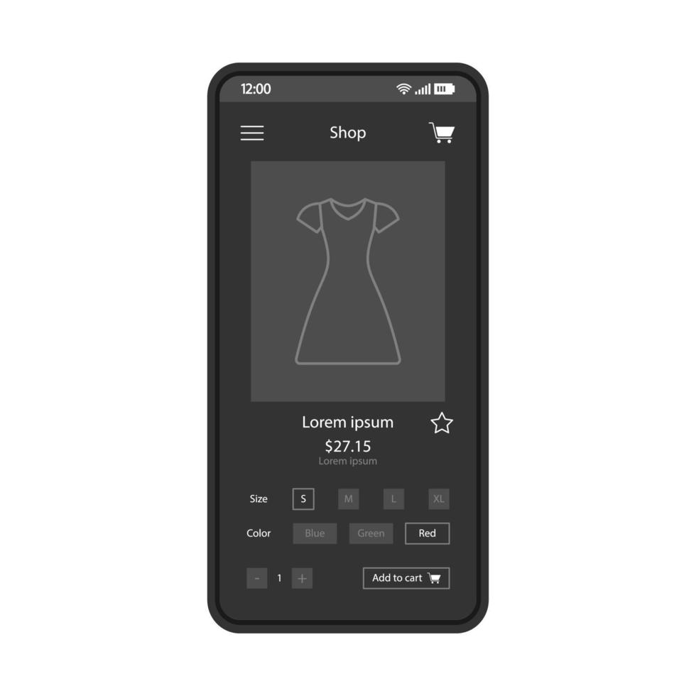 Clothes shopping smartphone interface vector template. Fashion app. Mobile application page black design layout. Women's clothing internet store screen. Buying dress. Flat UI. Phone display