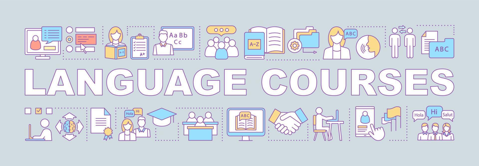 Language learning for business word concepts banner. Foreign language classes, school, lessons. Online courses. Isolated lettering typography idea with linear icons. Vector outline illustration