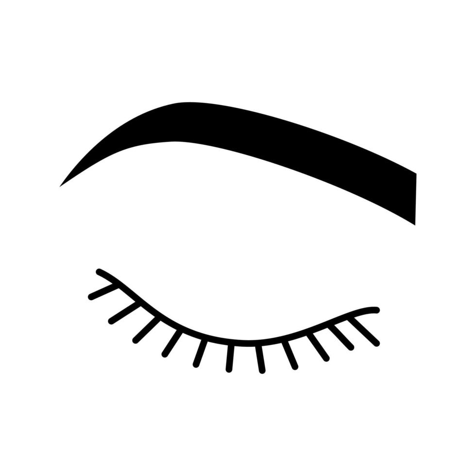 icono de glifo de ojo de mujer cerrada. símbolo de silueta. antes de la extensión de pestañas. cejas suaves en ángulo. conformación de cejas. microblading, tatuar. espacio negativo. vector ilustración aislada