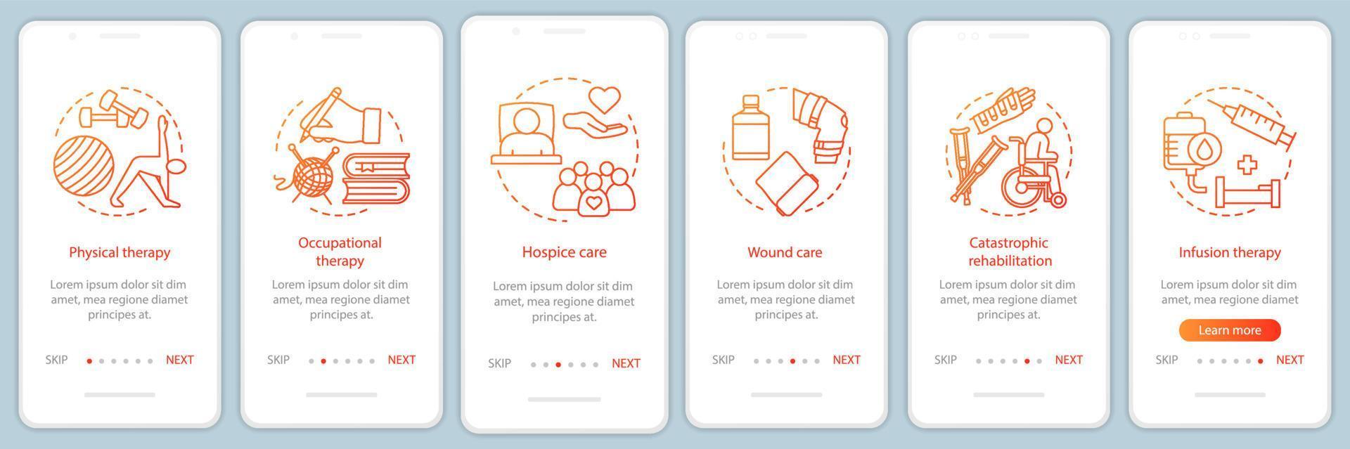 Nursing service onboarding mobile app page screen vector template. Rehabilitation treatment walkthrough website steps. Physical therapy, wound care, hospice. UX, UI, GUI smartphone interface concept