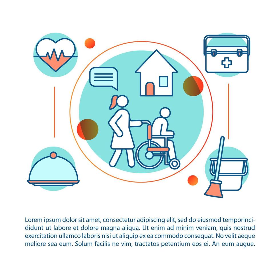 Ilustración lineal del concepto de servicio de enfermería. atención domiciliaria y de hospicio. artículo, folleto, página de revista. asistentes de salud en el hogar. iconos de líneas finas con texto. diseño de impresión. dibujo de contorno aislado vectorial vector