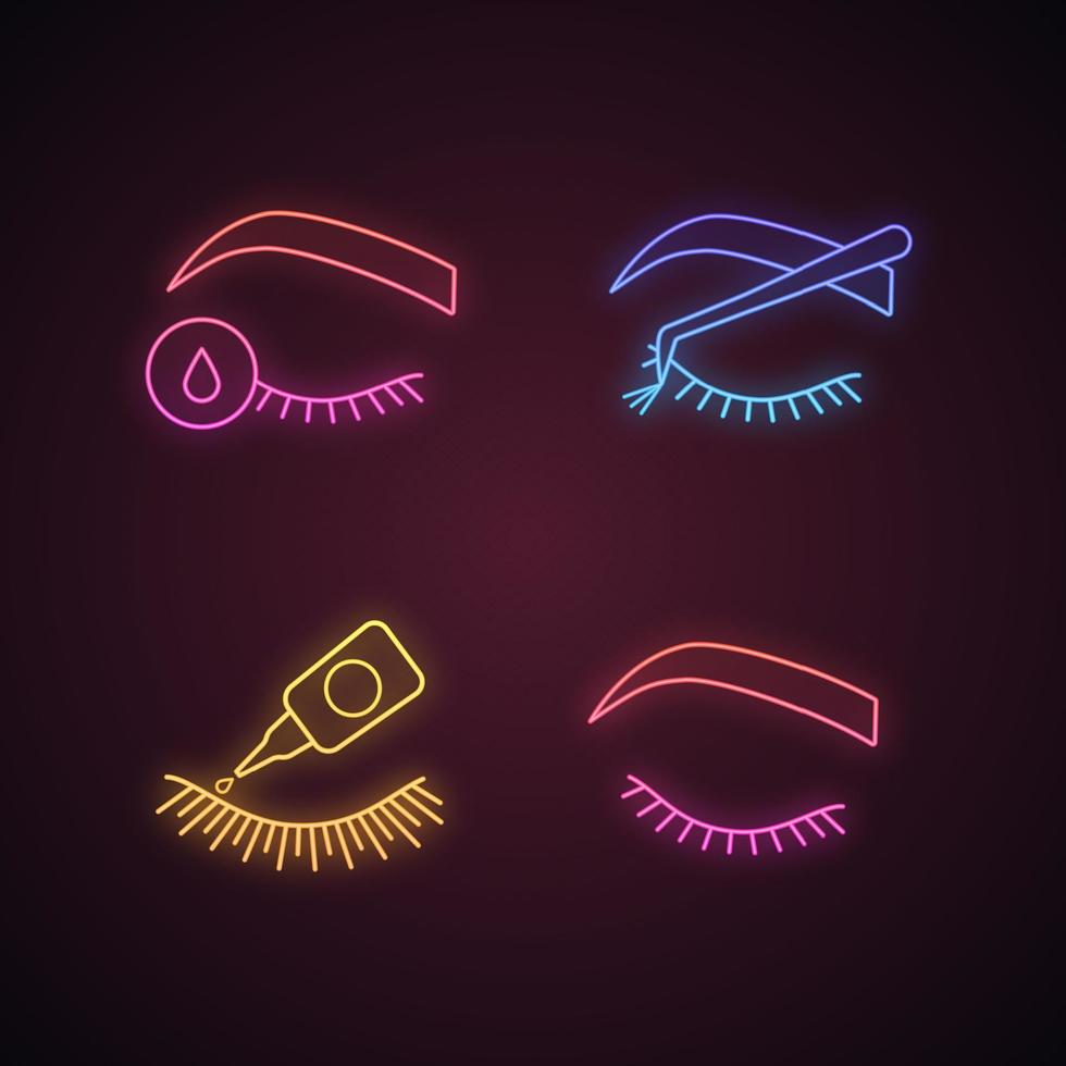 Conjunto de iconos de luz de neón de extensión de pestañas. pegamento para pestañas postizas, prebase para extensión de pestañas, racimo, ojo cerrado de mujer. signos brillantes. ilustraciones vectoriales aisladas vector