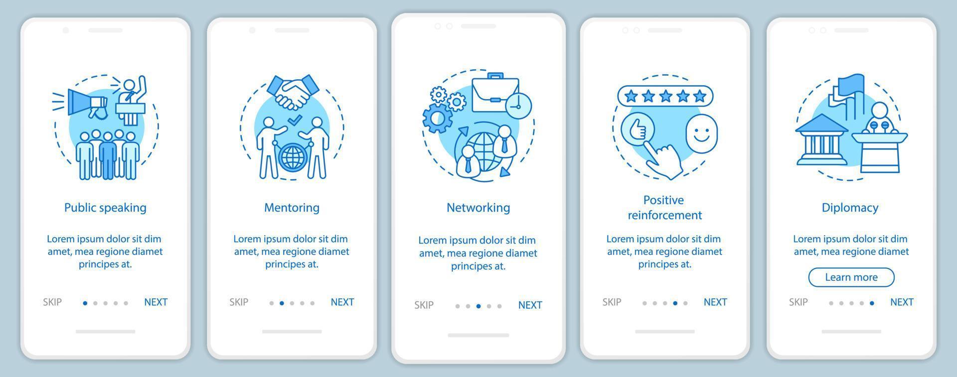 Business skills onboarding mobile app page screen vector template. Public speaking, mentoring, networking. Employee abilities walkthrough website steps. UX, UI, GUI smartphone interface concept