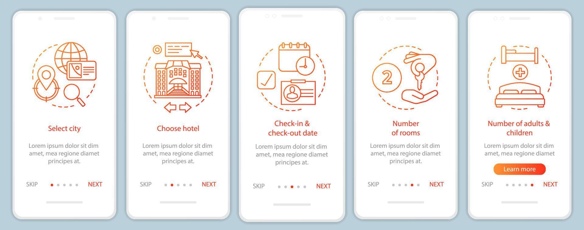 planificación de viajes incorporación de plantilla de vector de pantalla de página de aplicación móvil. Pasos del sitio web del tutorial de reserva de hotel. alojamiento, reserva de apartamento. concepto de interfaz de teléfono inteligente ux, ui, gui