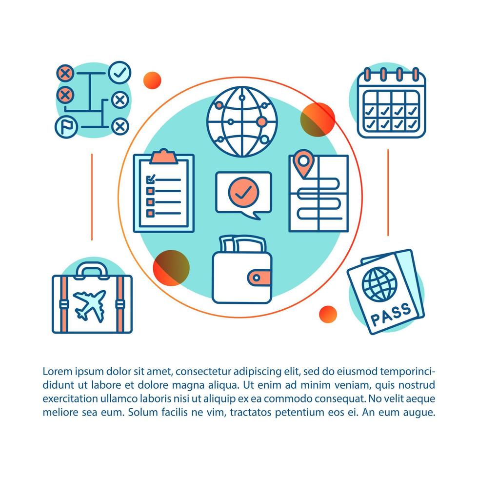 Trip planning concept linear illustration. Choosing destination, transport. Buying tickets and hotel booking. Article, brochure, magazine page. Packing suitcase. Print design. Vector outline drawing